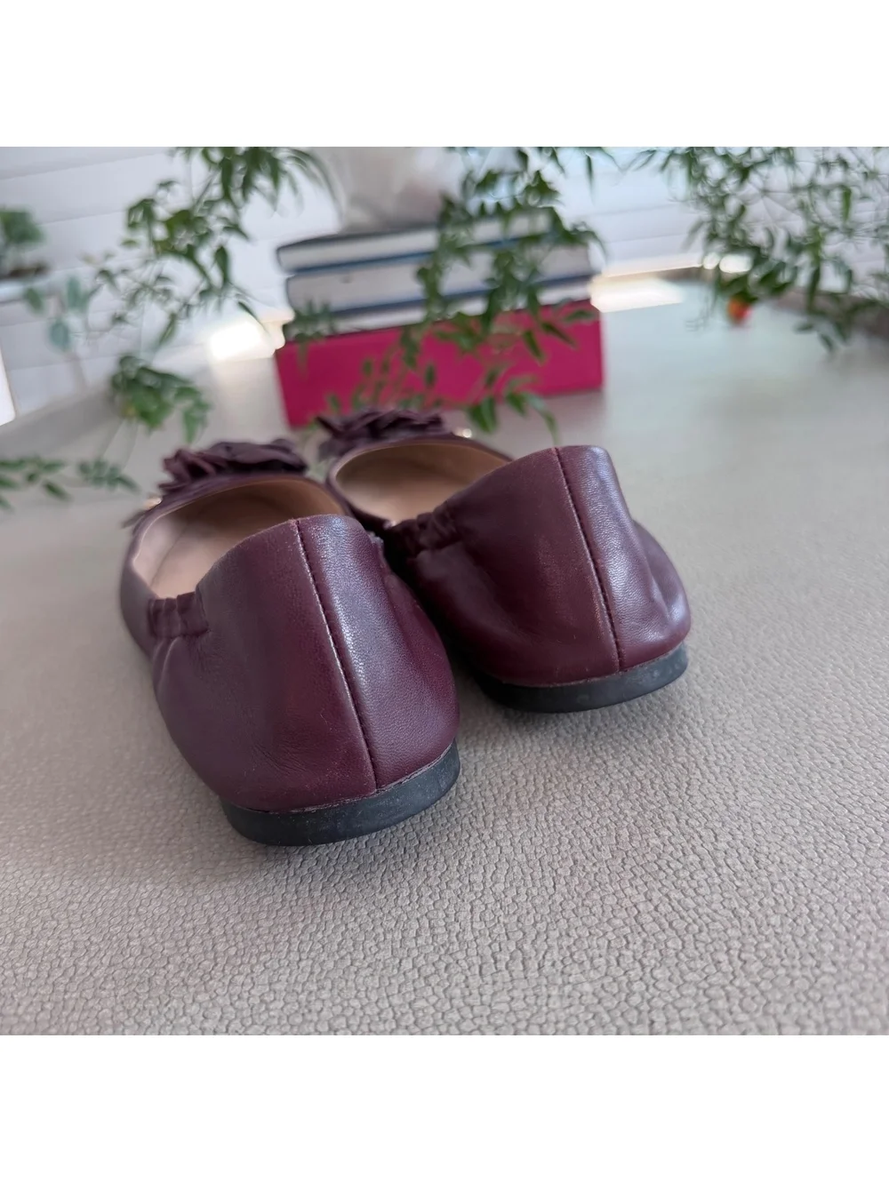 Tory Burch Women's Burgundy Leather Ballet Flats | Floral Detail Size 8.5